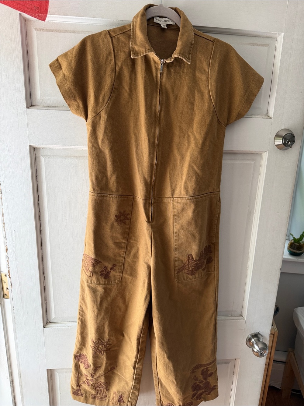 Amazing Short-Sleeve Canvas 100% Cotton Jumpsuit with Pocket Embroidery